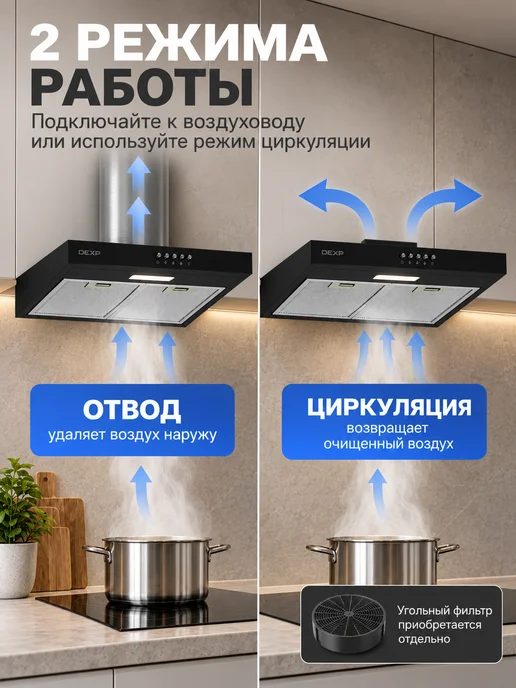 Dexp Вытяжка кухонная 50 см подвесная SH50-SV0B черная, черный, фото 3