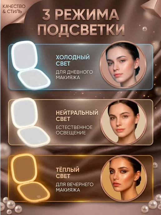 Зеркало складное карманное с LED подсветкой, вариант, фото 4