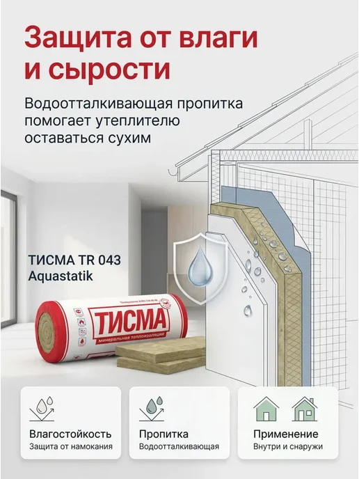 Knauf Утеплитель рулонный 50 мм 1 уп,19.92 м2 ТИСМА Aquastatik, бежевый, фото 7