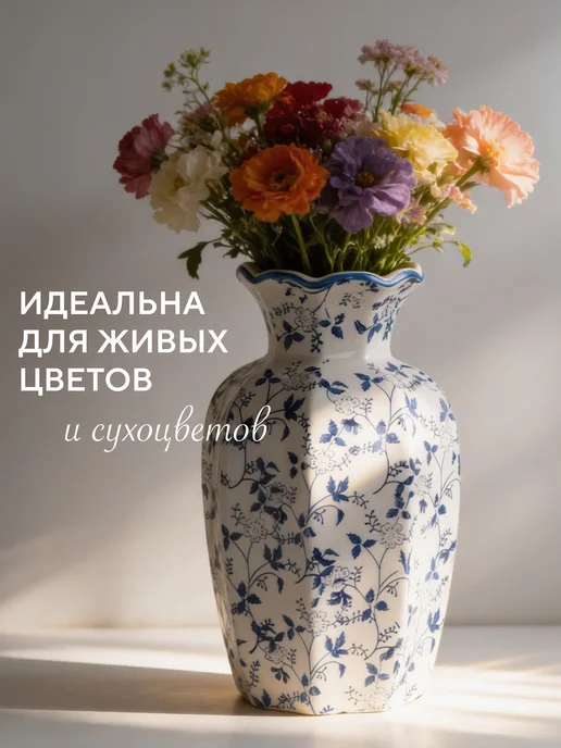 Conflate Ваза для цветов и сухоцветов керамическая декоративная, синий, фото 2