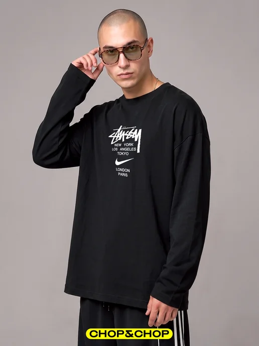CHOP&CHOP Лонгслив Stussy стусси Nike найк оверсайз с принтом sk8, черный, фото 5