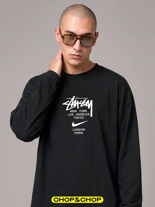 CHOP&CHOP Лонгслив Stussy стусси Nike найк оверсайз с принтом sk8, черный, фото 8