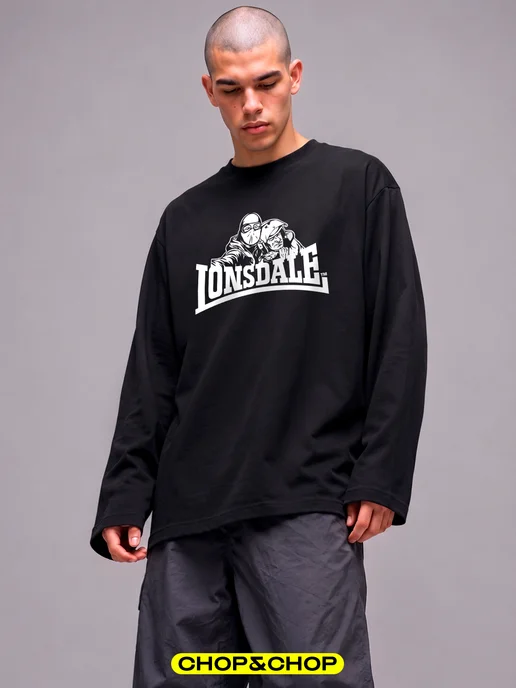 CHOP&CHOP Лонгслив Lonsdale лонсдейл оверсайз с принтом streetwear y2k, черный, фото 3