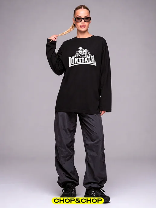 CHOP&CHOP Лонгслив Lonsdale лонсдейл оверсайз с принтом streetwear y2k, черный, фото 7