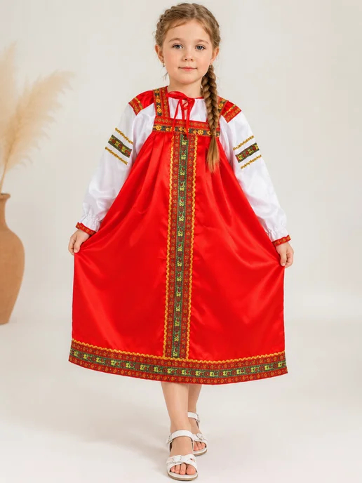 Русский сарафан Костюм в русском народном стиле детский красный, белый, фото 4