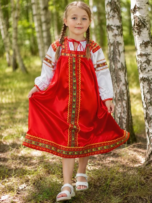 Русский сарафан Костюм в русском народном стиле детский красный, белый, фото 5