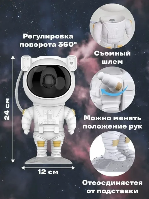 Galaxy Homa Ночник - проектор звездное небо космонавт робот, голубой, фото 3