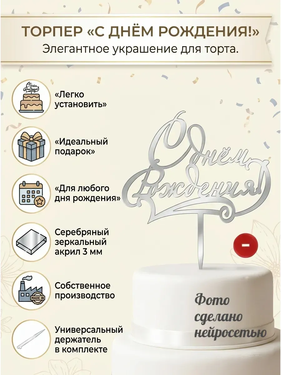 Топпер - "С днем рождения!",акрил серебро 3 мм