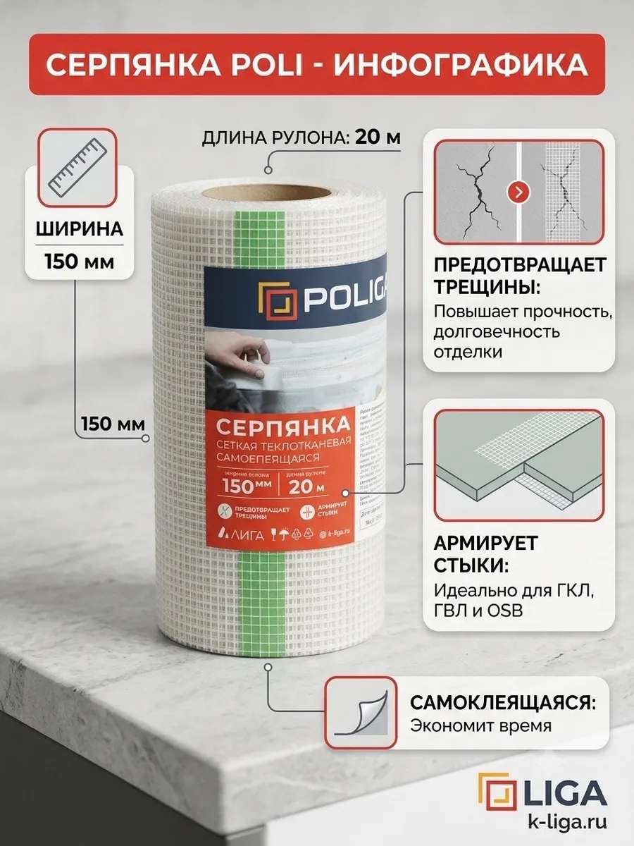 Лента серпянка стеклотканевая самоклеящаяся 150мм* 20м 1шт