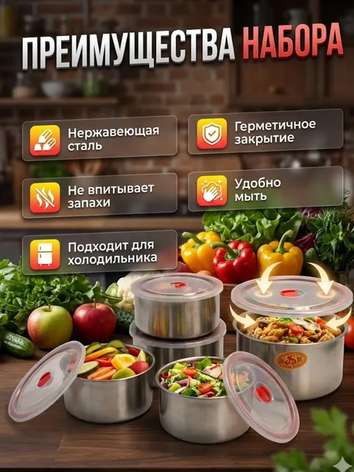 Гулзар02 Металлический контейнер для еды с крышкой, 4 шт, фото 3