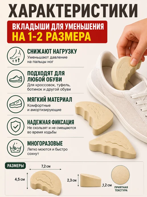 АйНУРУ Вкладыши для обуви уменьшения 1-2 размера, вариант, фото 3