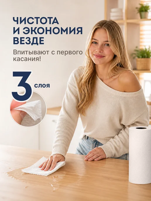 Papia Бумажные полотенца в рулоне для дома и кухни 3-х слойные 4шт, 4 шт, фото 5