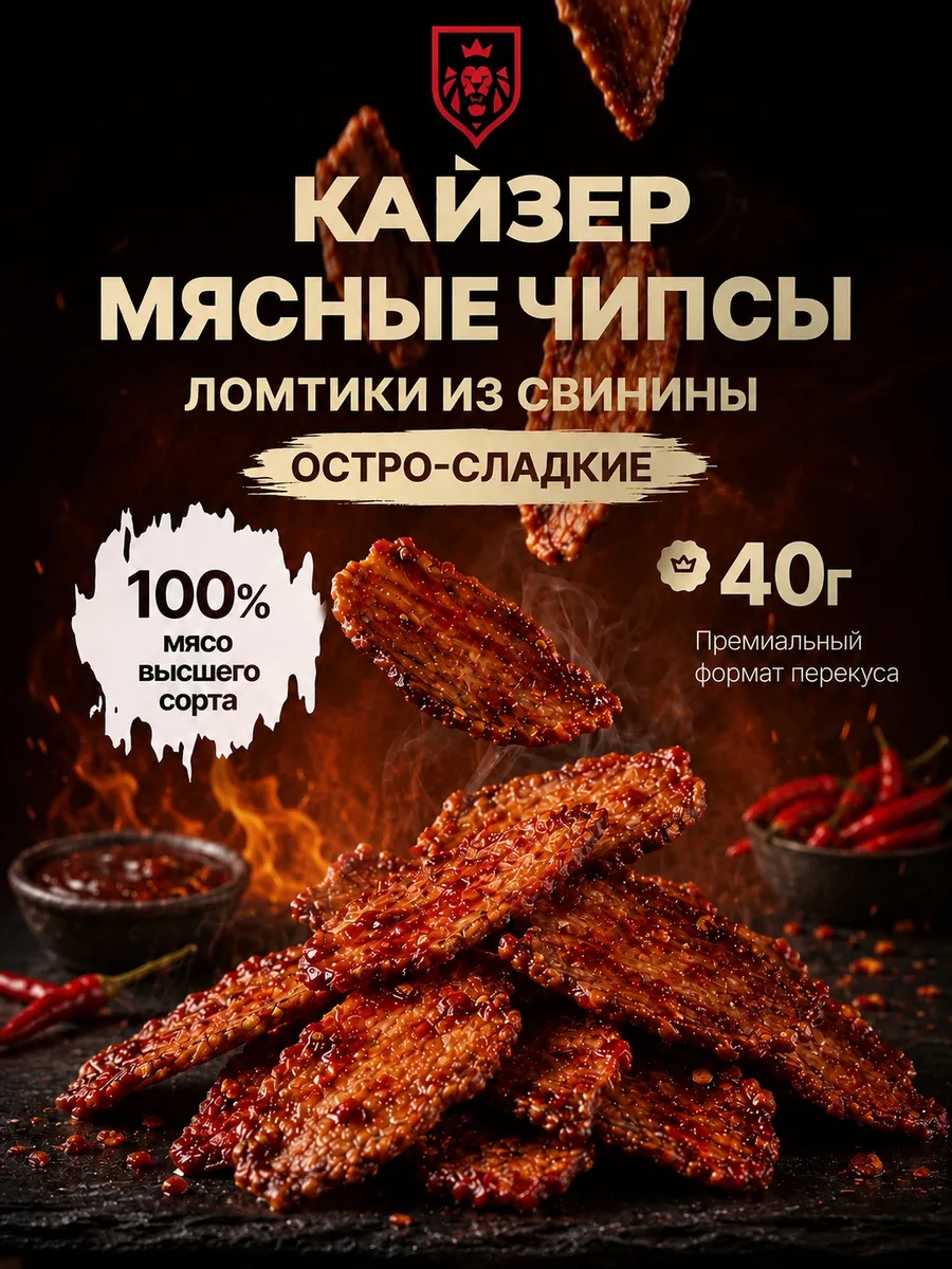 Мясные чипсы из свинины острые 40 гр вяленые ломтики снек