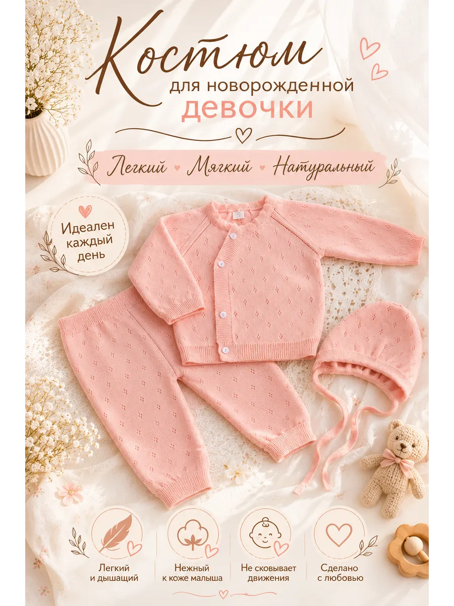 Хлопковый вязаный костюм для новорожденных на выписку