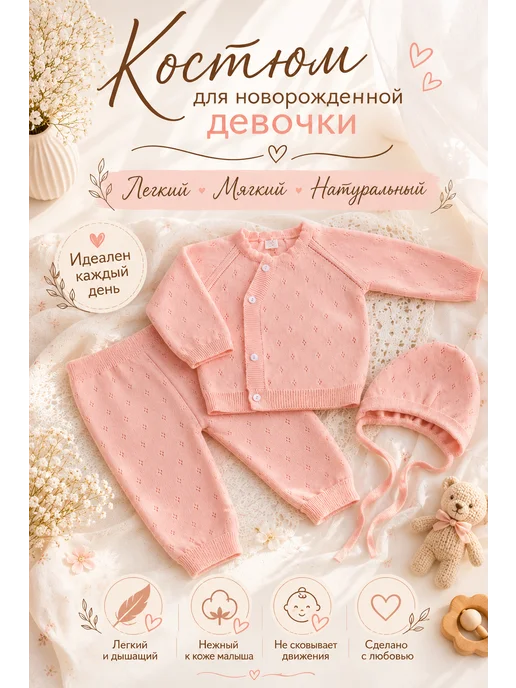 ЮРРАЙ Хлопковый вязаный костюм для новорожденных на выписку, розовый