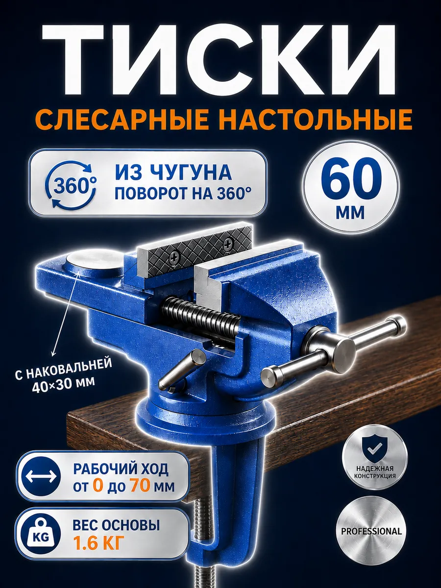 Тиски слесарные 60 мм с наковальней, поворотные