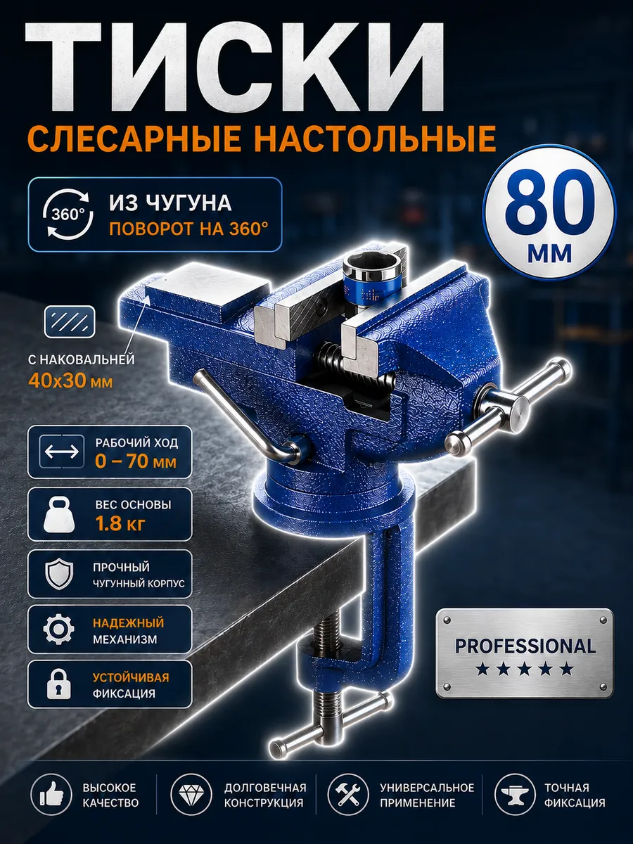 Тиски слесарные 80 мм с наковальней, поворотные