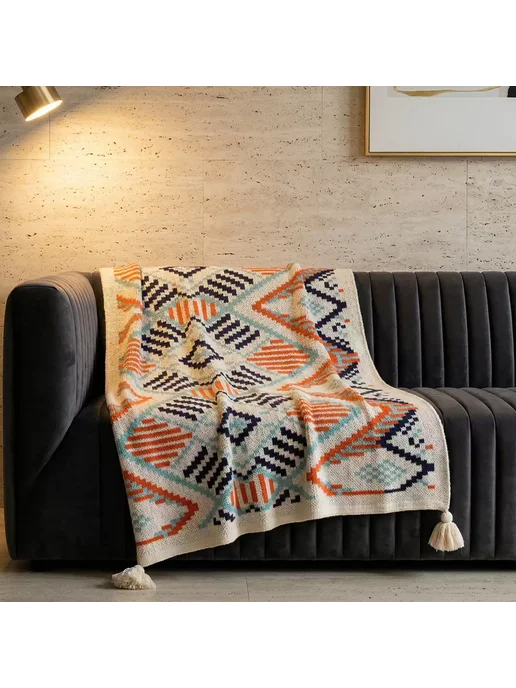 Вязаный плед в скандинавском стиле с кисточками 130×160 см, 130x160 см