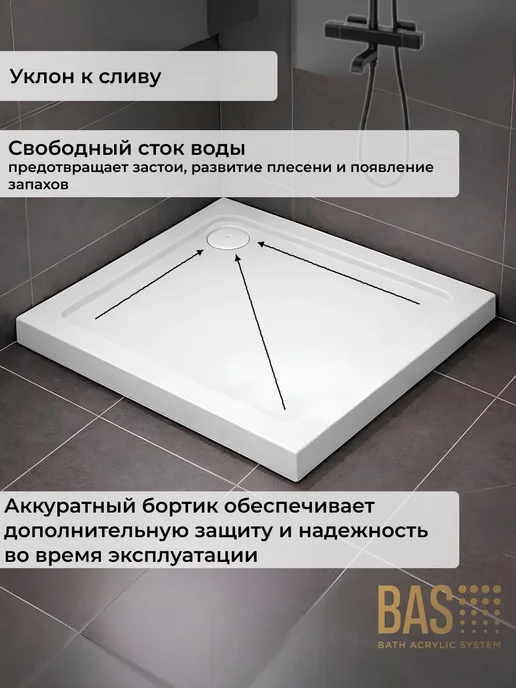 BAS bath acrylic system Акриловый душевой поддон Форум 90х90 квадрат, комплект 4в1, 90x90, фото 3