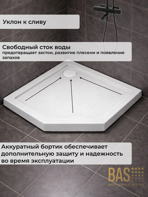 BAS bath acrylic system Акриловый душевой поддон Пента 100х100 квадрат, комплект 4в1, 100x100, фото 3