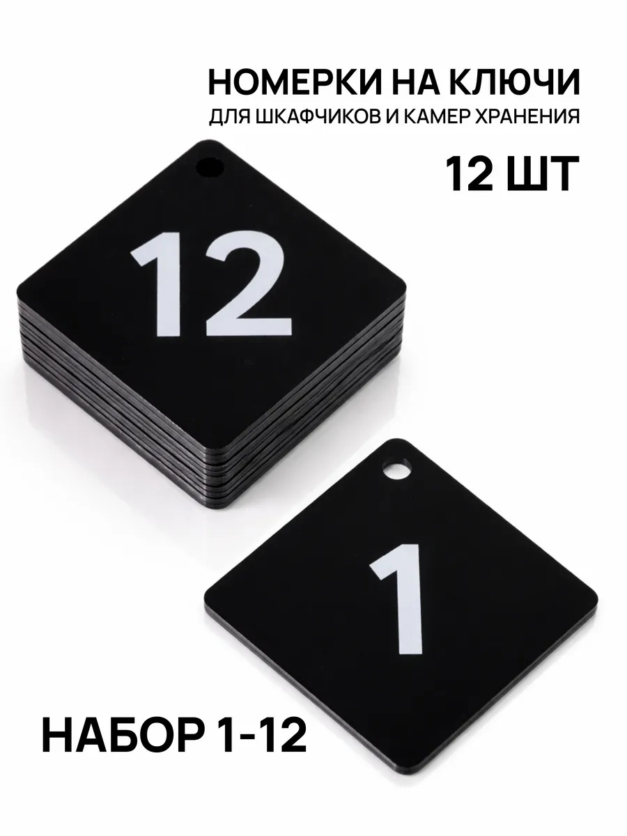 Номерки 1–12 для шкафчиков и камер хранения черные