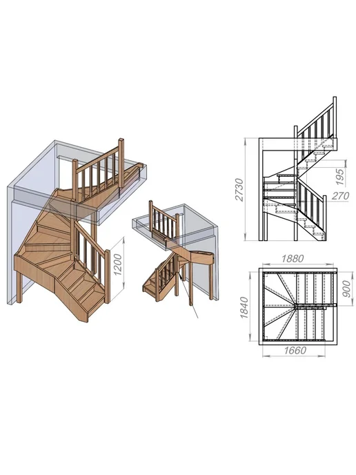 StairShop Деревянная лестница для дома проем 1840х1880 мм (правая), 1840x1880 мм, фото 3
