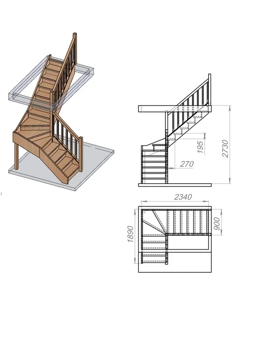 StairShop Лестница деревянная межэтажная проем 880х2710 мм левая, 1400x2340 мм, фото 3