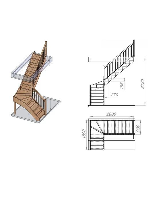 StairShop Лестница деревянная межэтажная проем 770х2270 мм (левая), 1200x2800 мм, фото 3