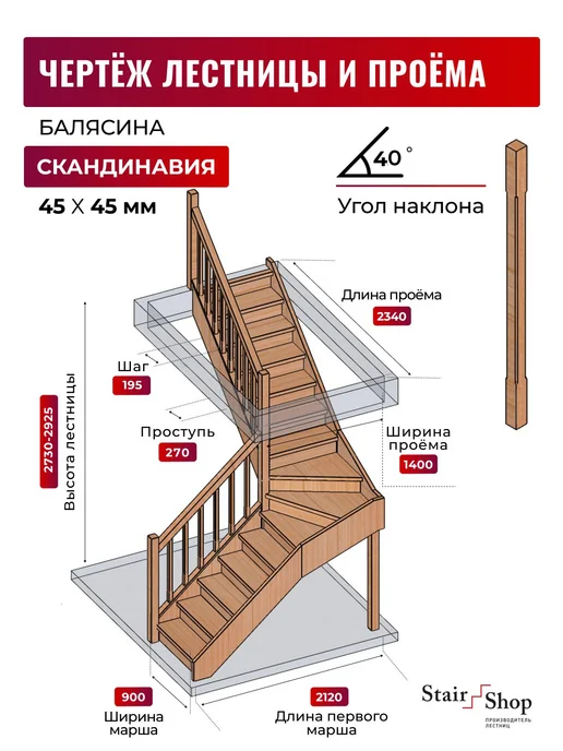 StairShop Деревянная лестница для дома проем 770х1895 мм (левая), 1400x2340, фото 2