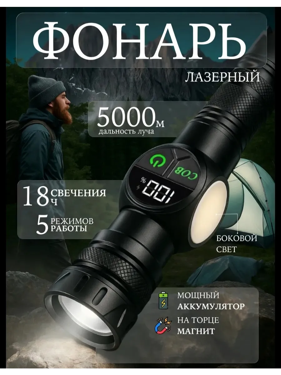Фонарь ручной аккумуляторный лазерный светодиодный