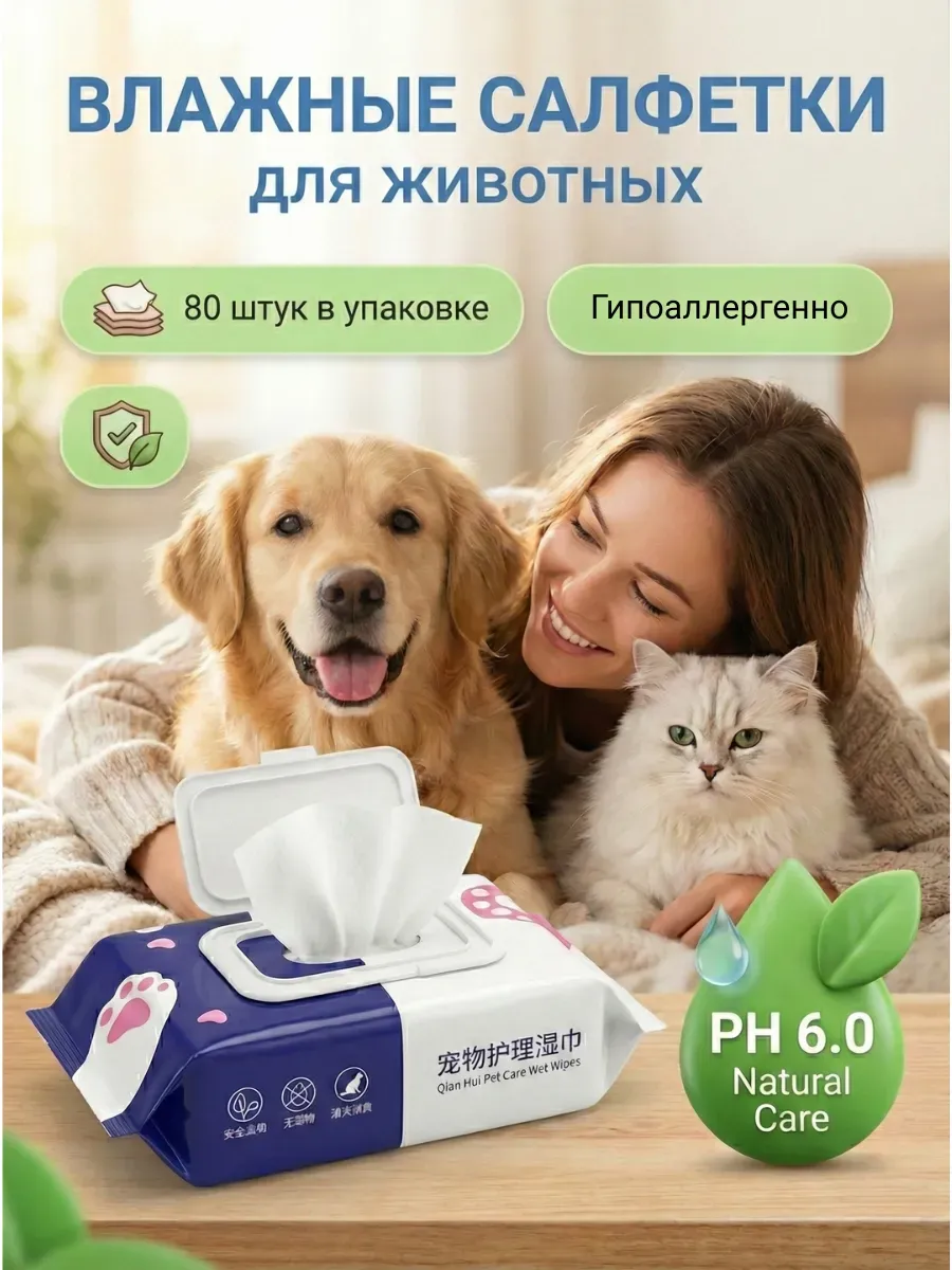Влажные салфетки для животных, собак и кошек, лап и глаз