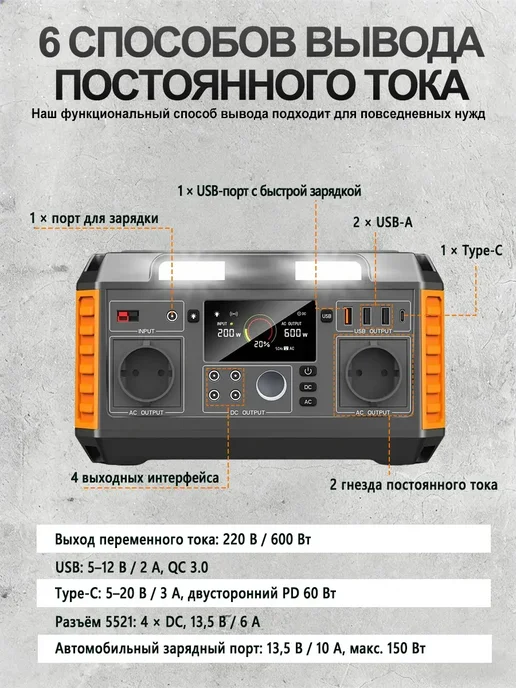 FIRST WEI Портативная электростанция зарядная станция 600Вт 220V, 600 Вт, фото 2