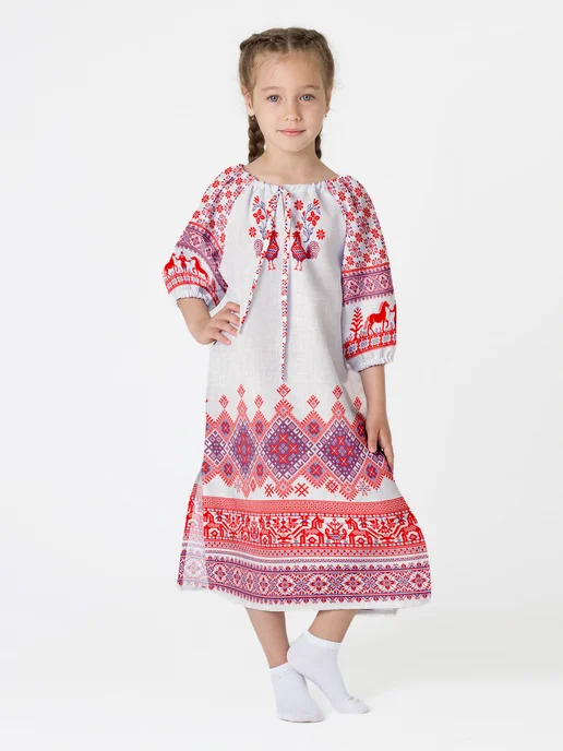Chappay Костюм славянский для девочки Цветы и ромбы, синий, фото 4