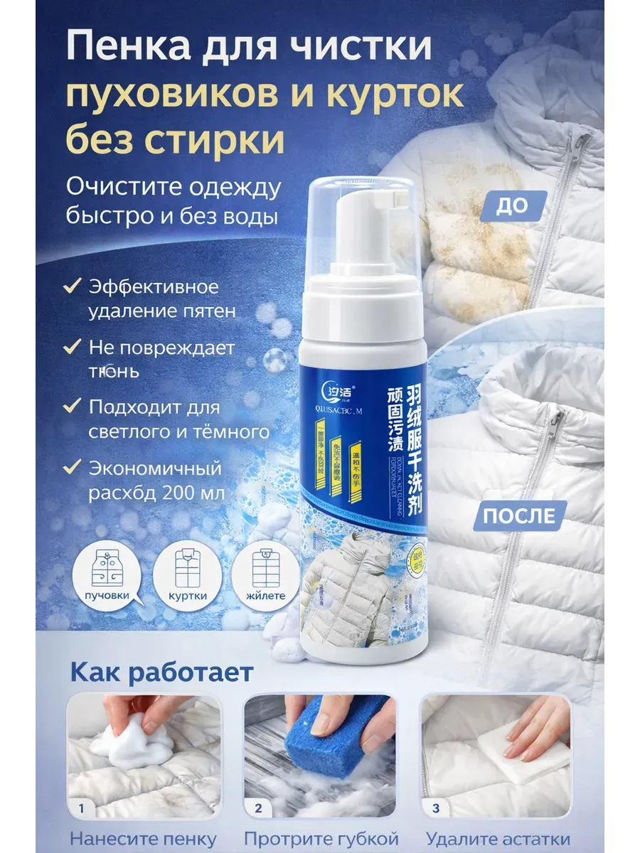 Пенка для чистки пуховиков и курток без стирки, очиститель