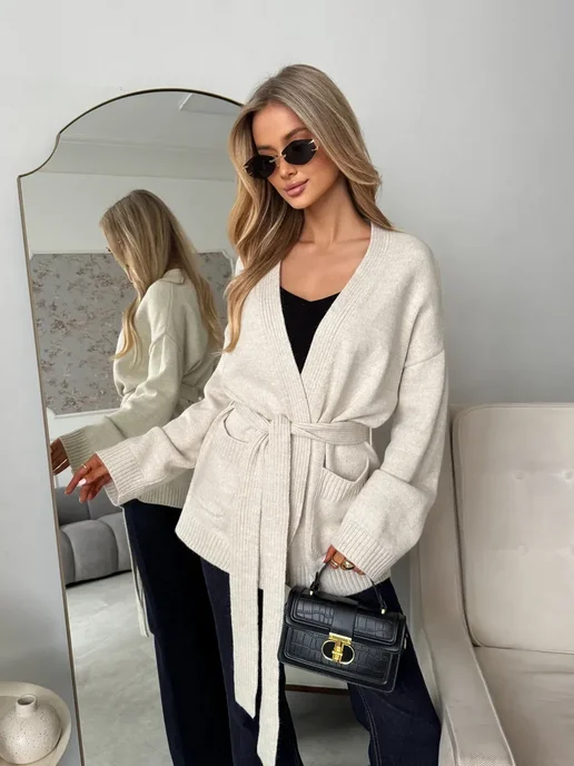 Stilfior Кардиган кимоно вязаный удлиненный с поясом на запах, бежевый, фото 5