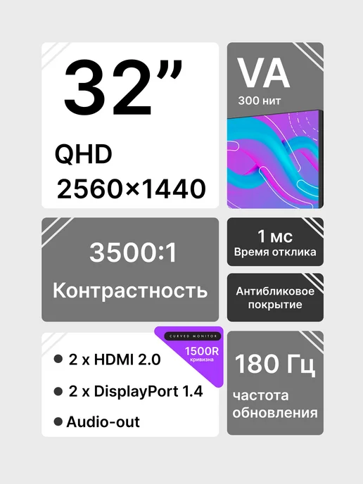 RAZZ 32" Монитор игровой RM32SGQVCB, QHD, VA, 180 Гц, вариант, фото 2