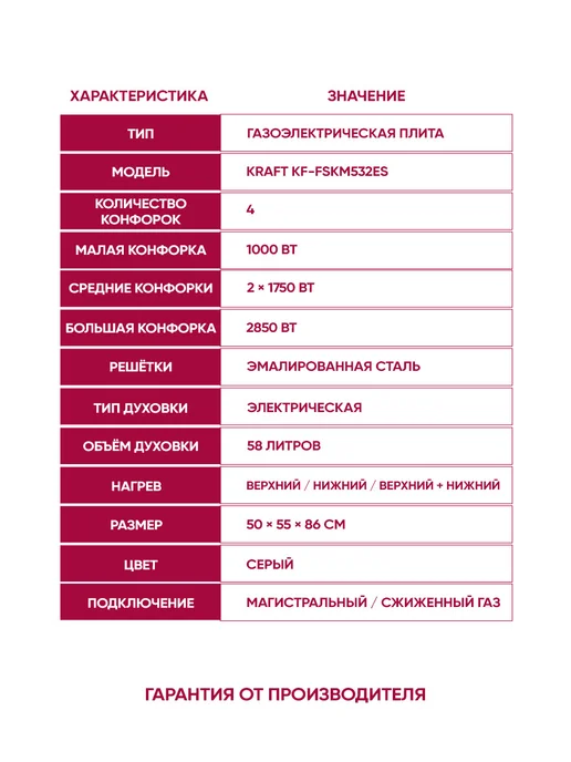 KRAFT Плита газовая для кухни с духовкой 58л, KF-FSKM532ES, 58 л, фото 2