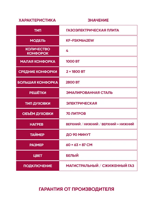 KRAFT Плита газовая для кухни с духовкой 70л, KF-FSKM642EW, 70 л, фото 2