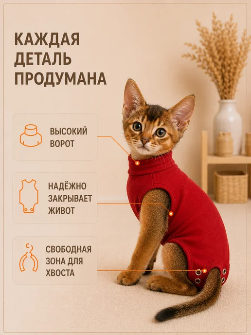 Laptique Послеоперационная попона - боди для кошек, леопард, красный, фото 4