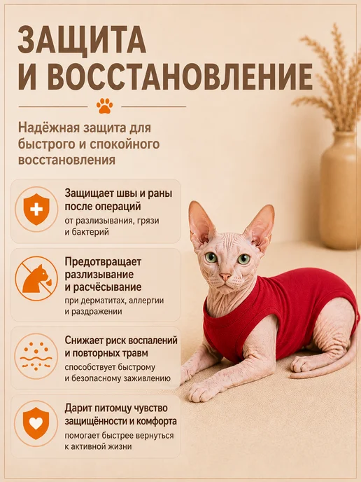 Laptique Послеоперационная попона - боди для кошек, защита шва, 4XS, красный, фото 3