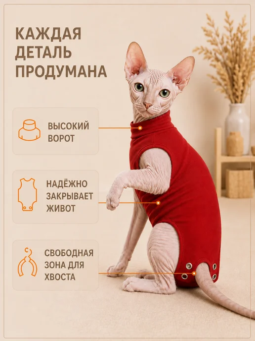Laptique Послеоперационная попона - боди для кошек, защита шва, 4XS, красный, фото 4