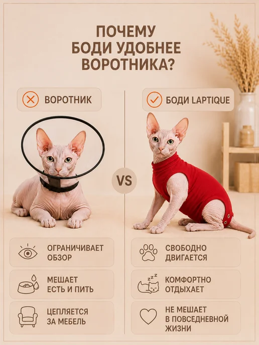Laptique Послеоперационная попона - боди для кошек, защита шва, 4XS, красный, фото 6