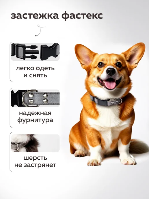 DOGIGOOD Ошейник для собак средних пород кожаный, серый, фото 2