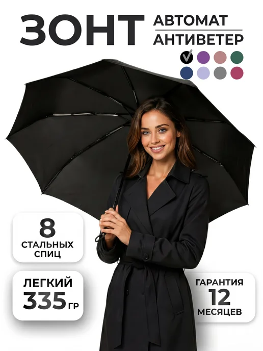 Gerain Umbrella Зонт автомат антиветер складной, черный