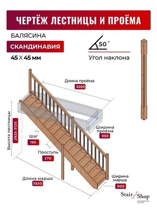 StairShop Лестница деревянная межэтажная проем 770х2447 мм (правая), 950x3050 мм, фото 2