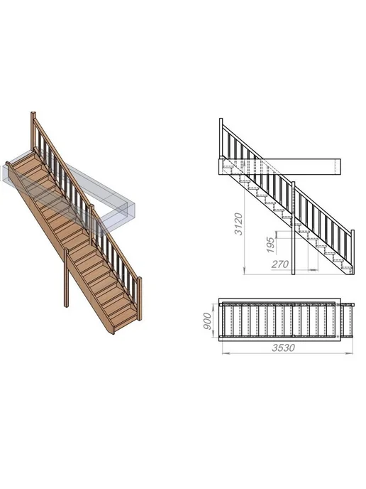 StairShop Лестница деревянная межэтажная проем 770х2447 мм (правая), 950x3050 мм, фото 3
