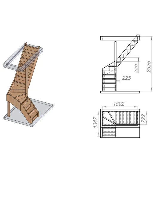 StairShop Лестница деревянная межэтажная проем 770х2080 мм (правая), 770x1895 мм, фото 2