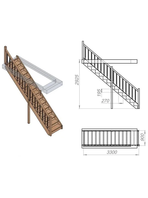 StairShop Лестница на второй этаж проем 950х2820 мм (ограждение слева), 950x2820 мм, фото 3