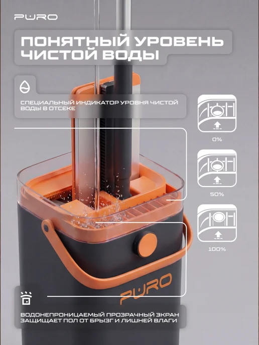 puro Умная швабра с отжимом и ведром для пола, 2 отсека DUOS, черный, фото 3