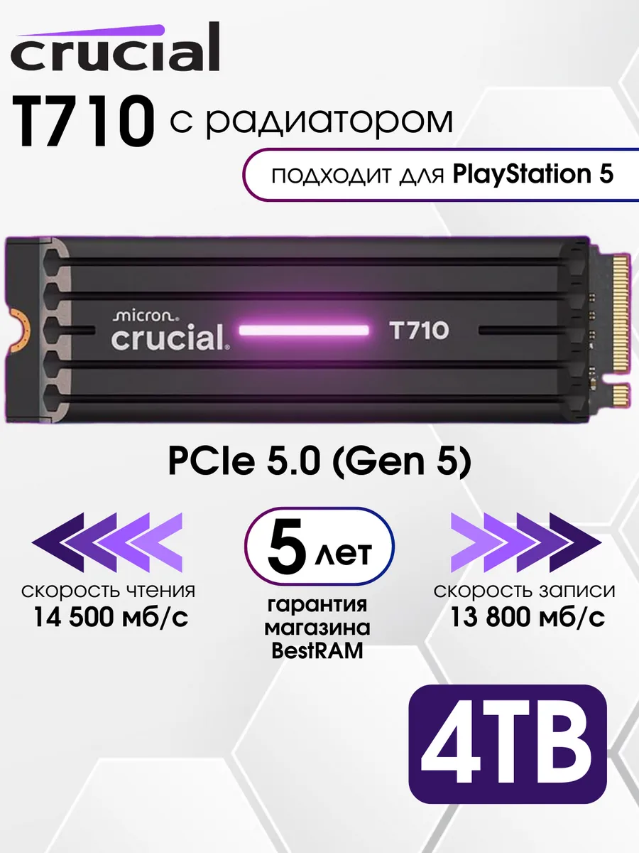 SSD Crucial 4 ТБ T710 Gen5 14500 Мб/с с радиатором для PS5